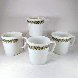4 Pyrex Mugs Crazy Daisy/ Spring Blossom Green Milk Glass Coffee Mugs #1410
